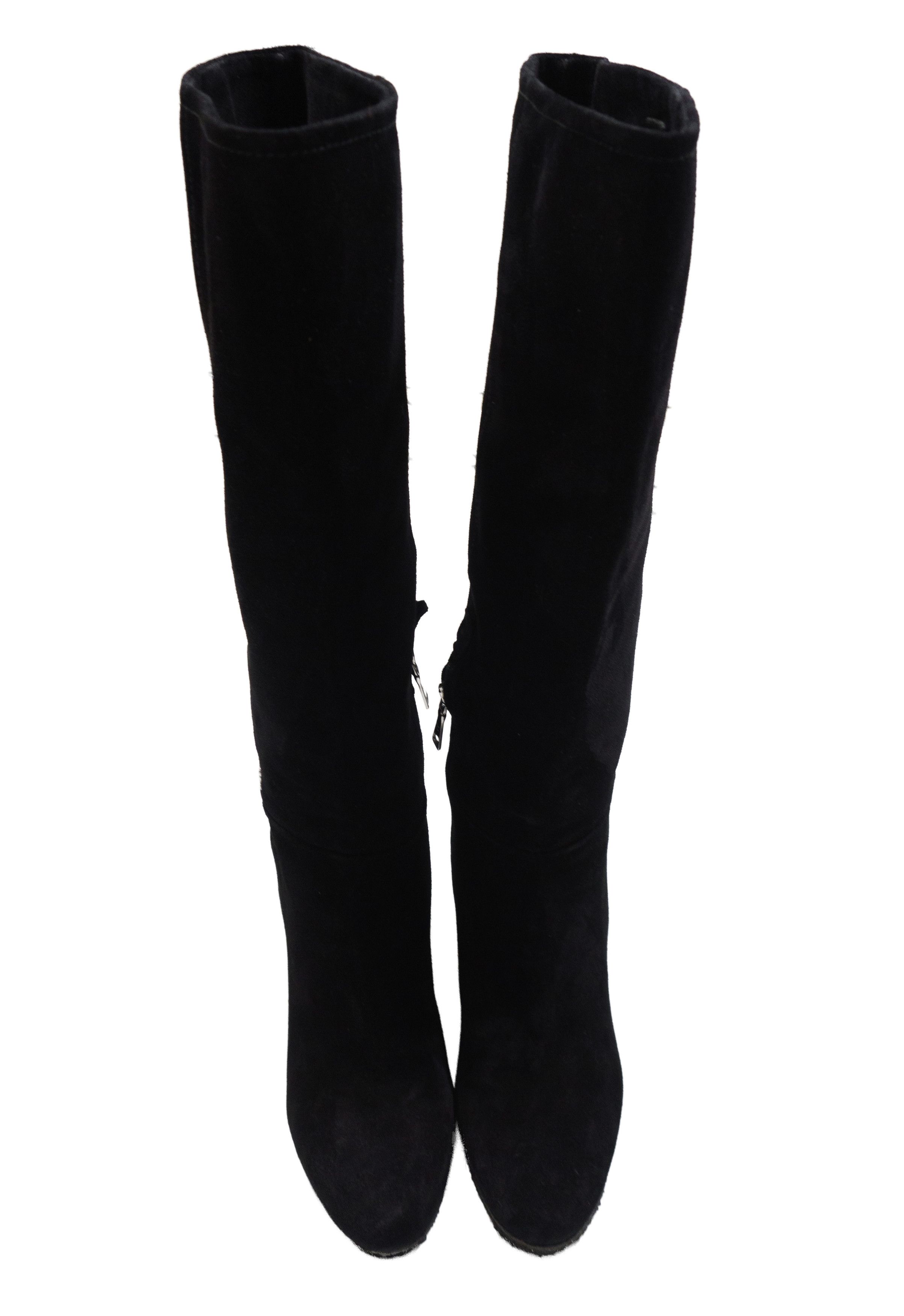 Prada 00s Suede Metal Logo Knee High Side Zip Boots Block Heel Size US 7.5 / IT 37.5 - 3 Thumbnail