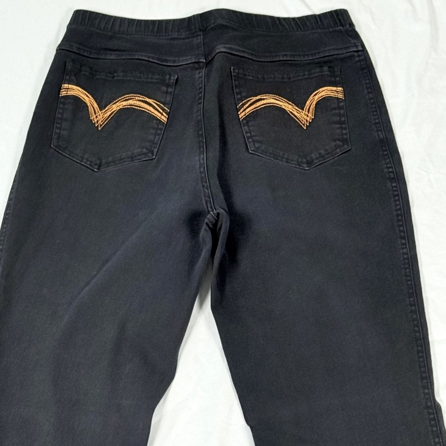 Vintage Metrostyle Pants Medium Black Stretch Pull On Bootcut Flare Jeans Embroidered Womens Denim Knit Elastic Waist Pockets Embroidery Size 32" / US 10 / IT 46 - 4 Thumbnail