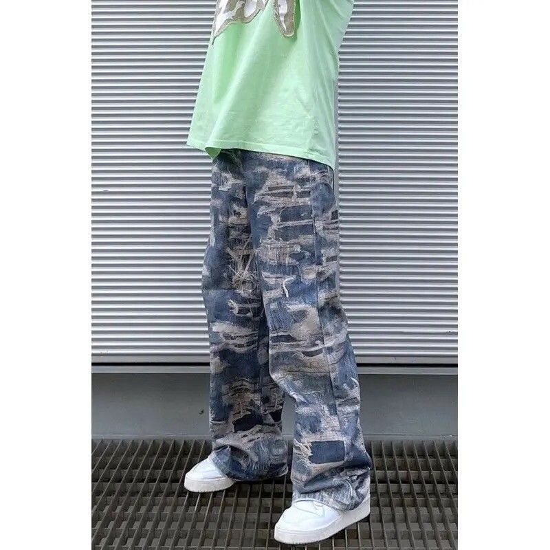 image of Distressed Denim x Jean Tie-Dye Print Flared Wide-Leg Jeans in Dark Blue, Men's (Size 29)