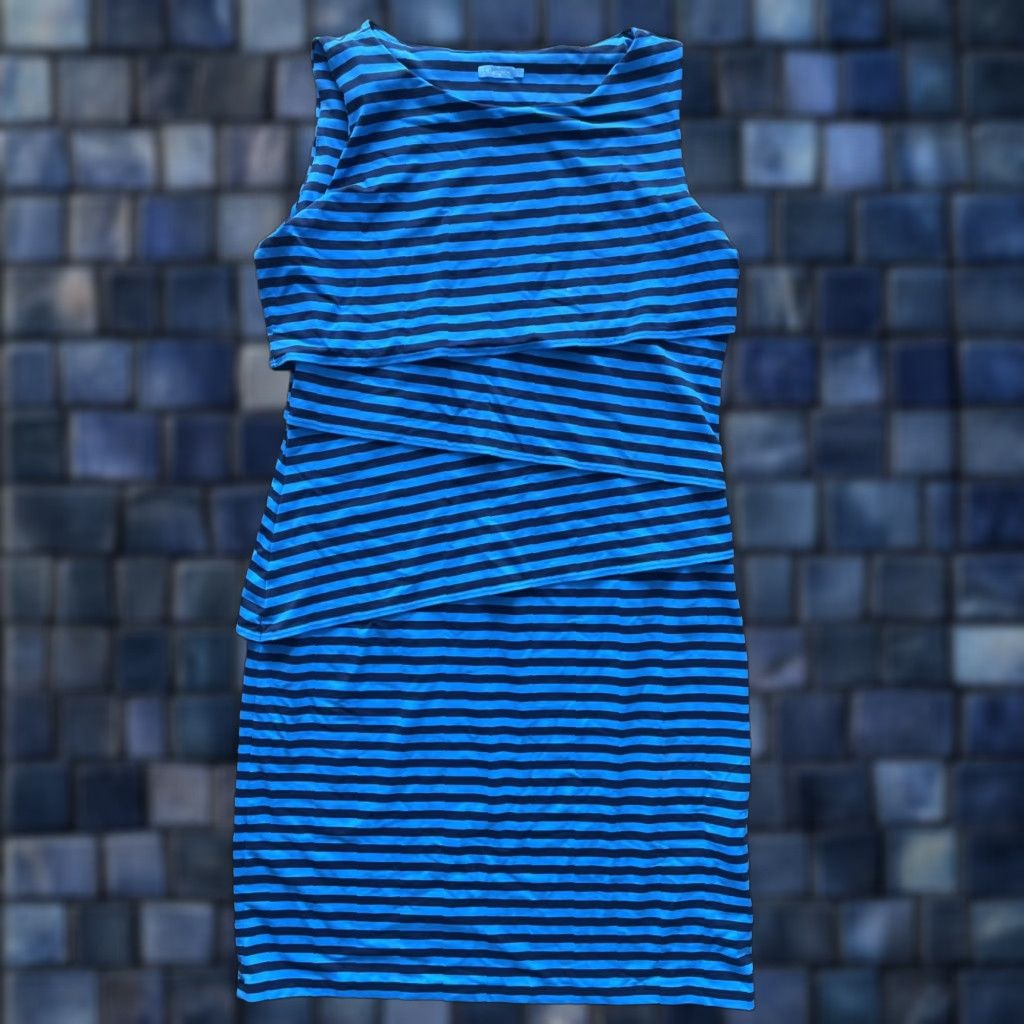 J.McLaughlin J. McLaughlin Dress Catalina Cloth Nicola Tiered Blue Striped Sleeveless L Knee Length Jersey Nylon Spandex Size L / US 10 / IT 46 - 1 Thumbnail