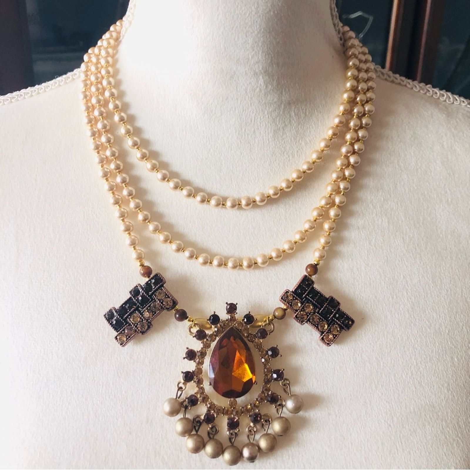 Handmade Handcrafted repurpose brown topaz gem Pearl necklace Size ONE SIZE - 2 Thumbnail