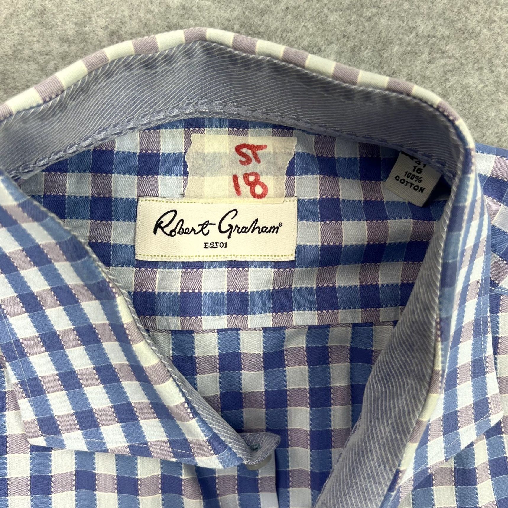 Robert Graham Robert Graham Shirt Mens 16 Blue Gingham Check Long Sleeve Button Front Cotton Dress Shirt Size US L / EU 52-54 / 3 - 6 Thumbnail
