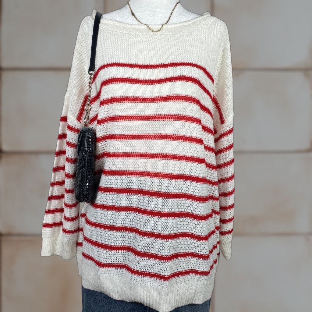 Loft LOFT Striped Knit Sweater Womens XL White Red Boat Neck Pullover Casual Knit Overview Size XL / US 12-14 / IT 48-50 - 1 Thumbnail
