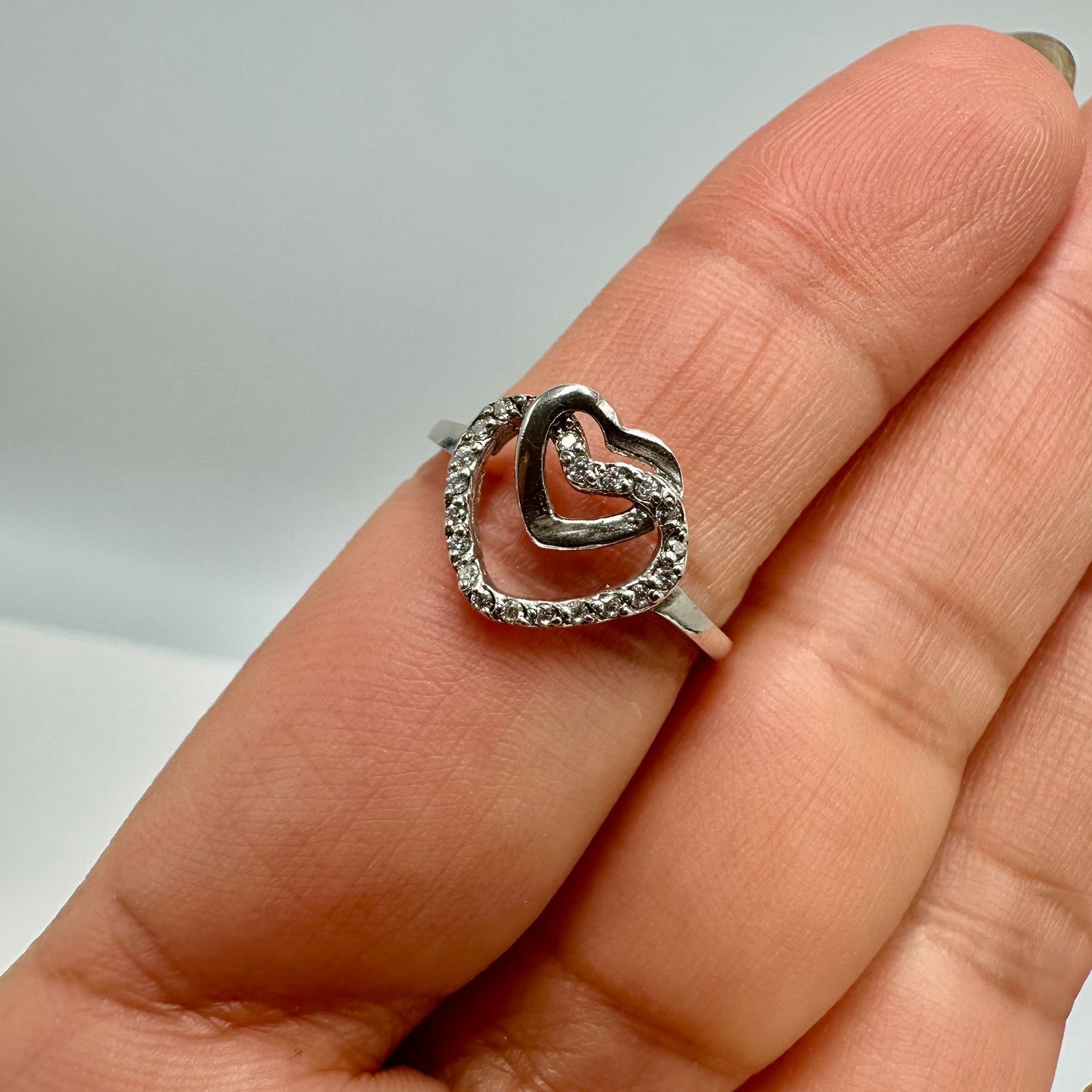 Sterling Silver Vintage 925 Sterling Silver Double Heart Ring Size ONE SIZE - 2 Thumbnail