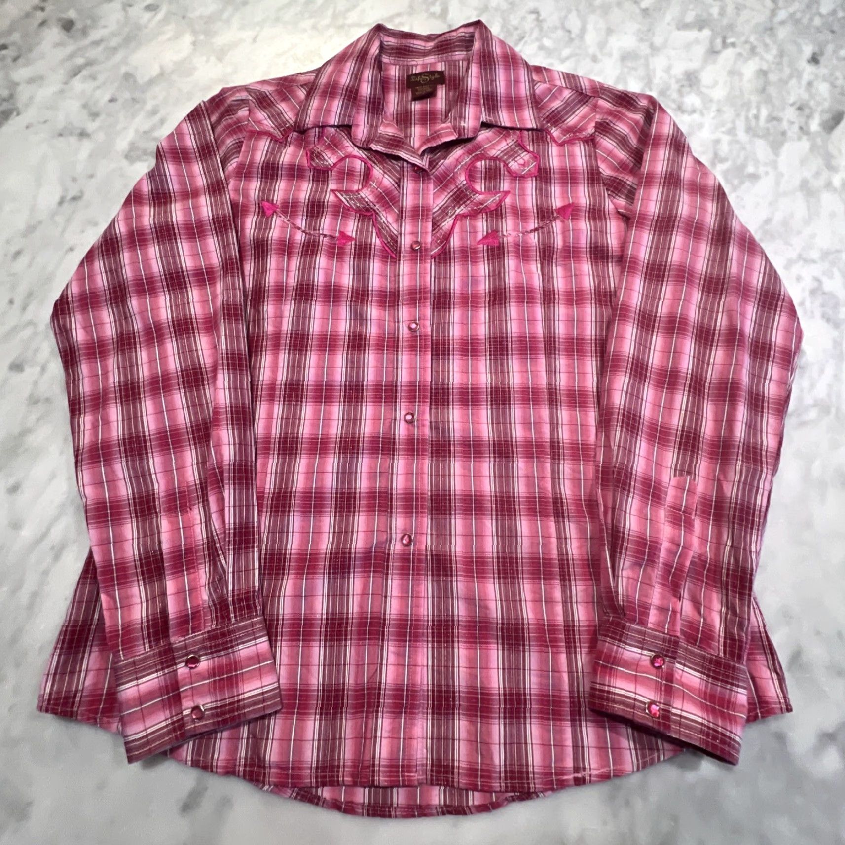 Vintage Life Style Women's Western Snap Shirt Long Sleeve Plaid Pink Rhinestones Large Size L / US 10 / IT 46 - 3 Thumbnail