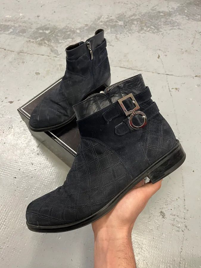 Vintage Cesare Paciotti Geometrical Buckle Navy Suede Leather Boots Size US 7.5 / EU 40-41 - 1 Thumbnail