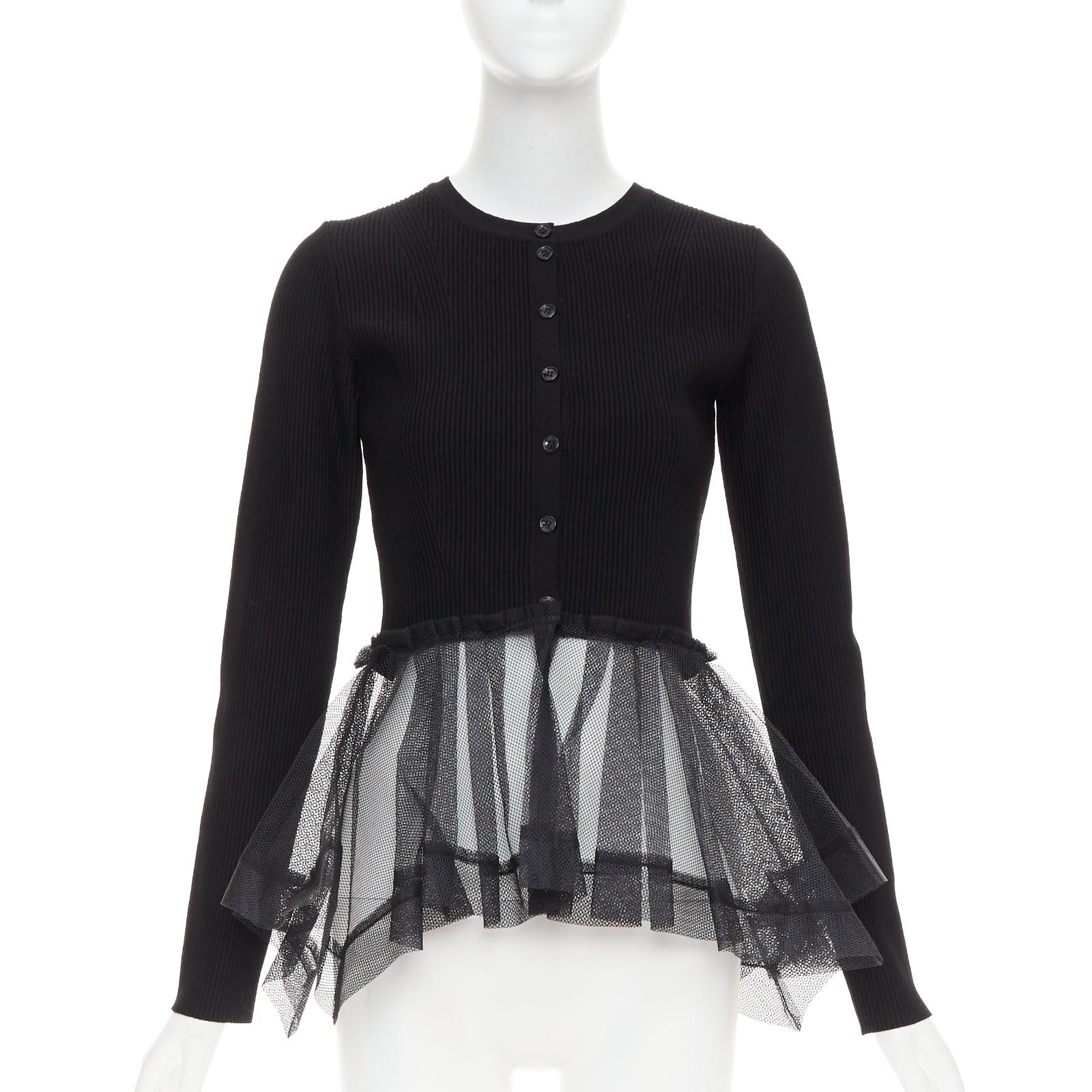 Alexander McQueen ALEXANDER MCQUEEN 2023 black ribbed stiff sheer tulle peplum cardigan sweater S Size S / US 4 / IT 40 - 1 Thumbnail