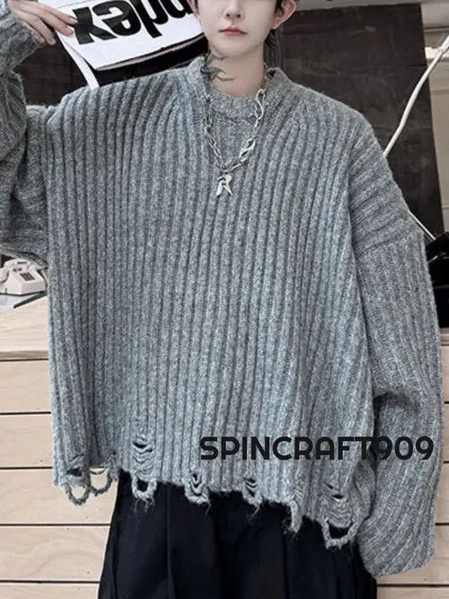VIBE Distressed Stripe Gray Knit Sweater Size US L / EU 52-54 / 3 - 1 Thumbnail