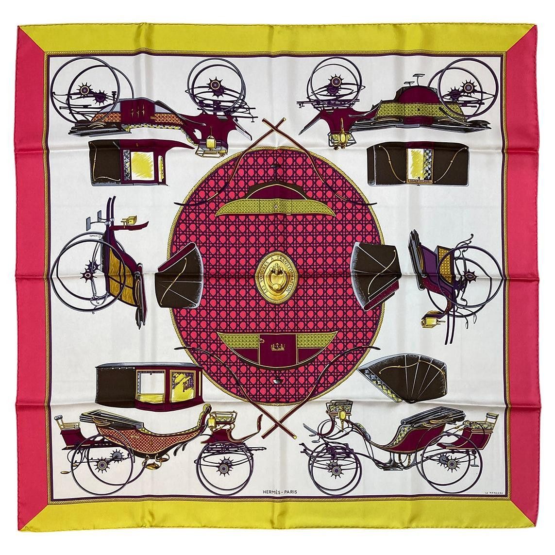 image of Hermes Vintage Les Voitures A Transformation Silk Scarf C1960S in White, Women's