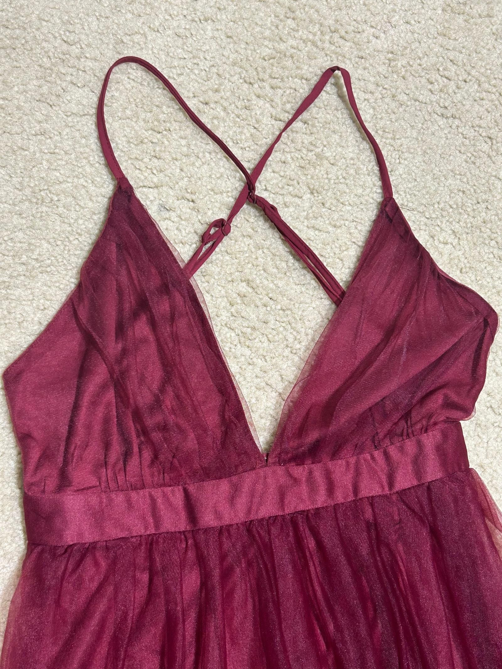 Designer Burgundy Tulle Maxi Dress, Size M - Elegant Strappy Back Size M / US 6-8 / IT 42-44 - 2 Thumbnail