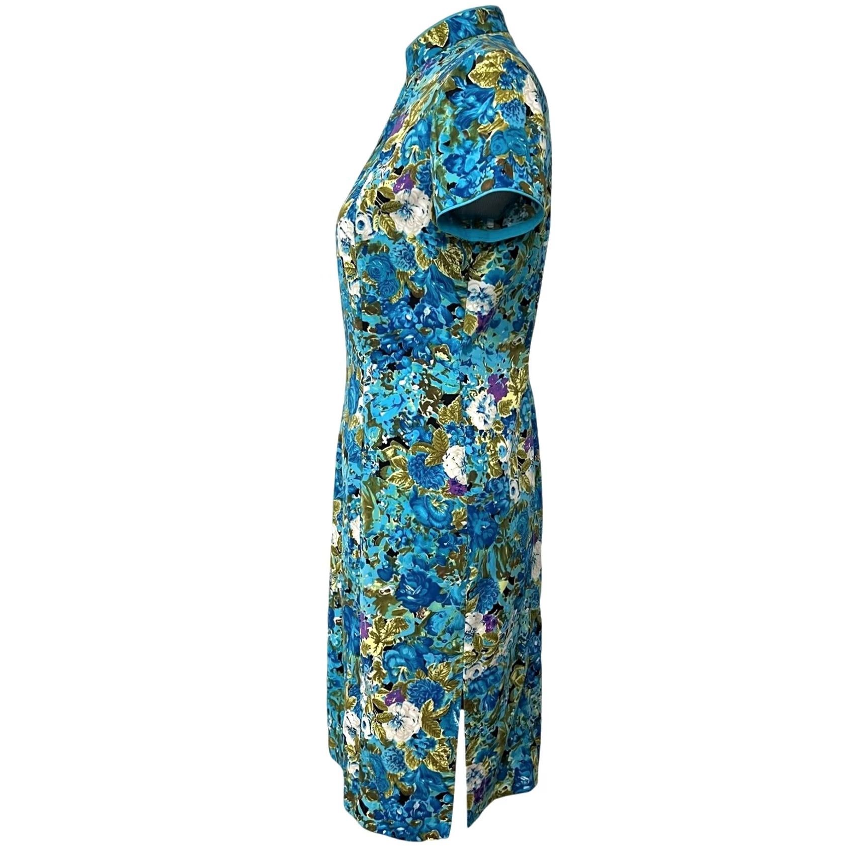 Vintage Jane Story Asian Women’s Dress Blue Floral Mandarin Collar 165/88A Sz L Size L / US 10 / IT 46 - 5 Thumbnail