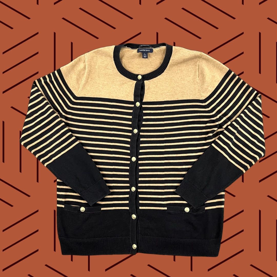 Lands' End LAND END Sweater Cardigan Womens Large 14-16 Blue Brown Striped Nautical Pockets Size L / US 10 / IT 46 - 1 Thumbnail