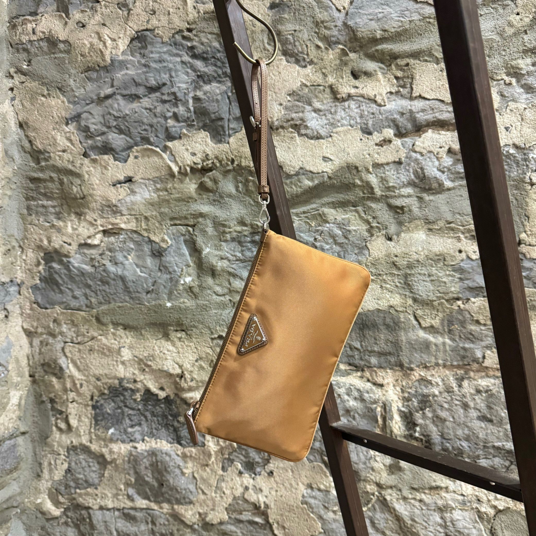 Prada Prada Ochre Tessuto Triangle Emblem Wristlet Pouch Size ONE SIZE - 2 Thumbnail