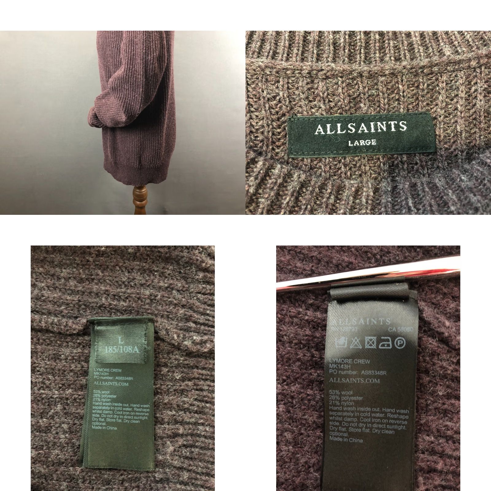 Allsaints AllSaints Pullover Sweater Crew Neck L Dark Purple Wool Blend Men's Size US L / EU 52-54 / 3 - 8 Thumbnail