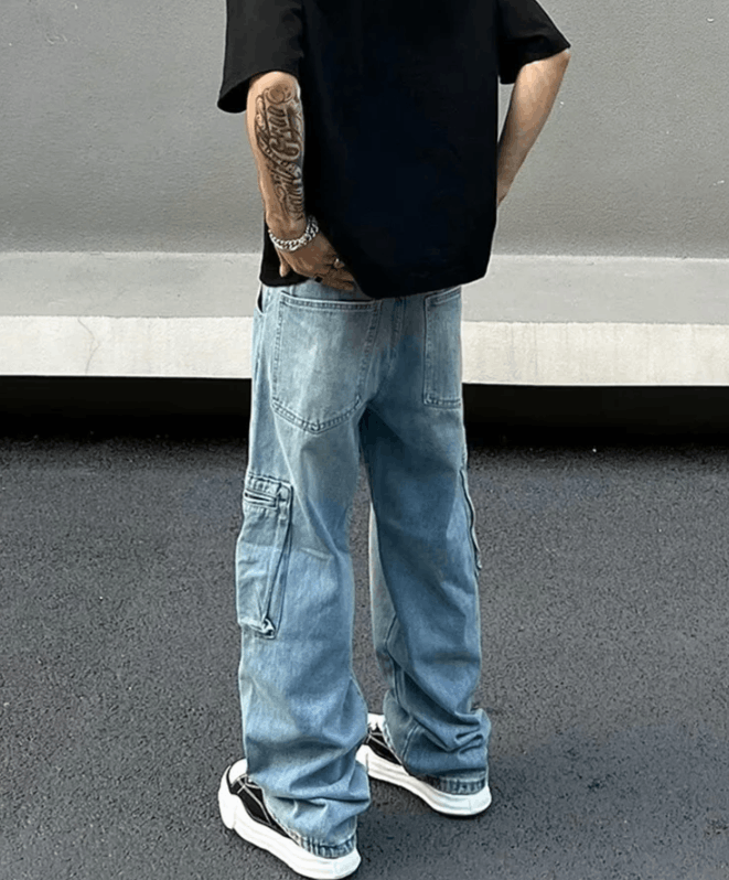 Japanese Brand Multi Pockets Washed Blue Baggy Jeans Size US 30 / EU 46 - 2 Thumbnail