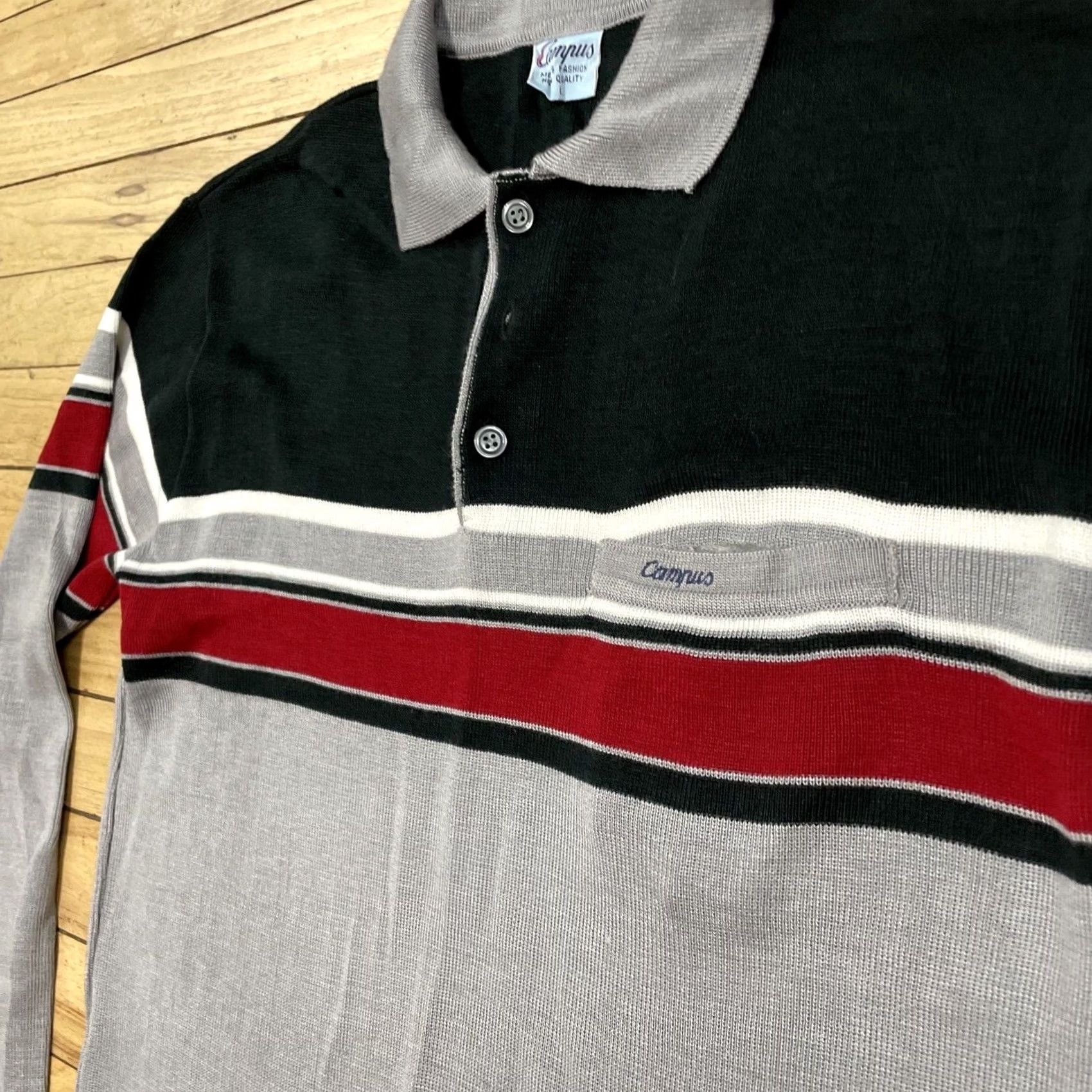 Vintage CAMPUS Polo Shirt Men L Gray Black Red Stripe Knit Vintage 1970s Classic Polo Shirt Mens Size US L / EU 52-54 / 3 - 4 Thumbnail