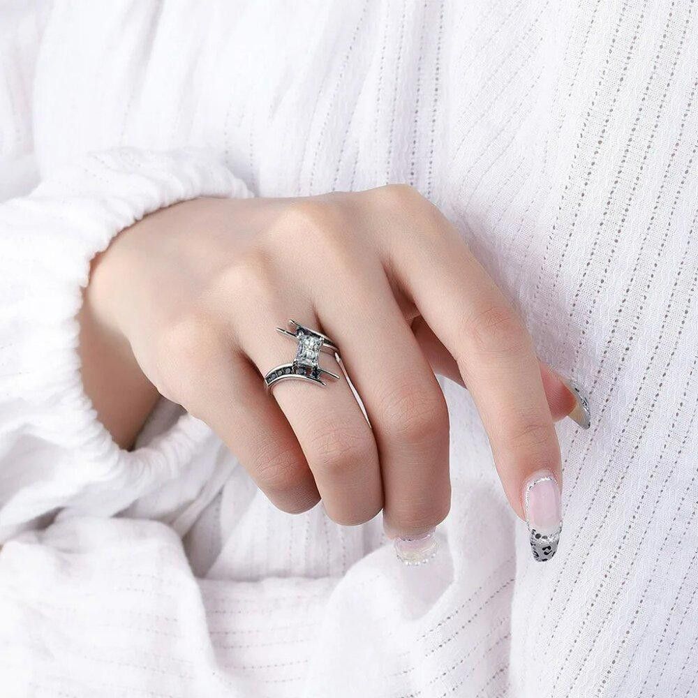 Designer Sterling Silver Created Black Sapphire Geometric Ring Size ONE SIZE - 8 Thumbnail