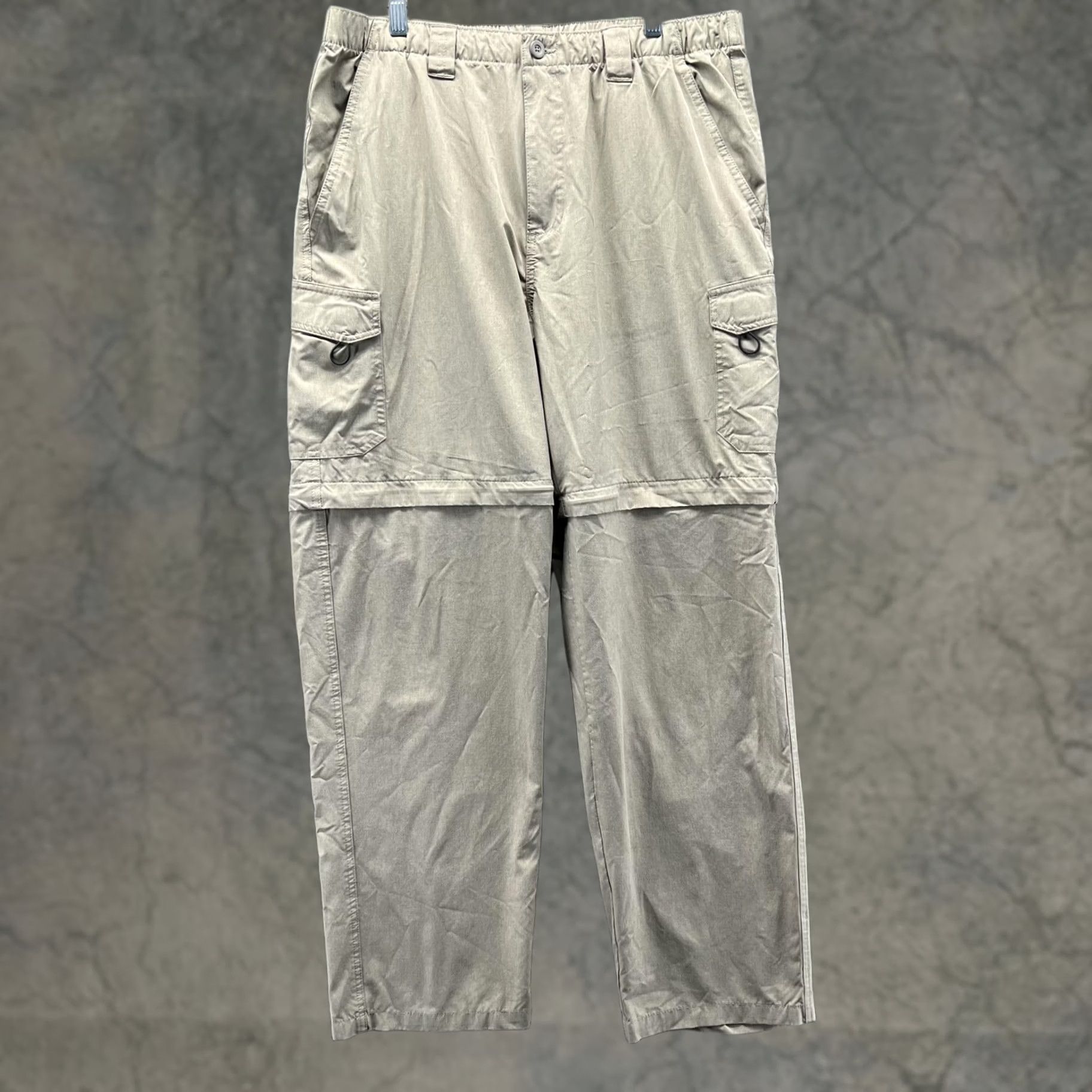 Vintage Reel Legends Pants Mens 36x38 Beige Convertible Cargo Elastic Waist Stretch Cargo Pocket Slash Pocket Flat Front Zip Official Rendering Size US 33 - 1 Thumbnail