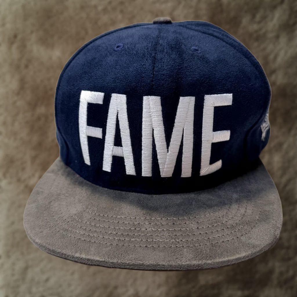 Vintage Hall Of Fame Hat Cap Snap Back Mens Navy Gray Suede FAME Embroidered 2nd Sucks Adjustable Snapback Structured Six-Panel Navy Blue Gray Suede Bill Size ONE SIZE - 1 Thumbnail