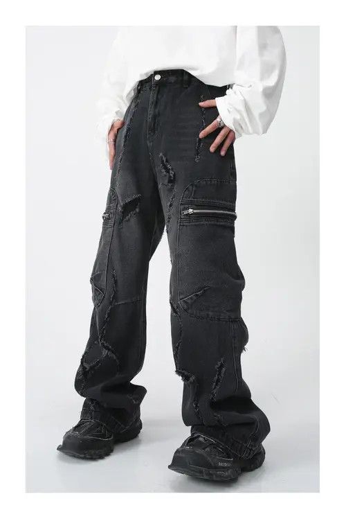 Japanese Brand Baggy Ripped Jeans Frayed Zipper Pockets cargo Pants Hip-hop Size US 32 / EU 48 - 6 Thumbnail