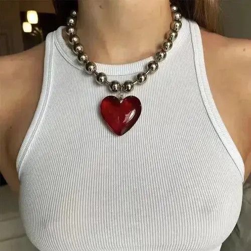 Jewelry Big Red Heart Chain Goth Punk Jewelry Pop Electro Necklace Size ONE SIZE - 5 Thumbnail
