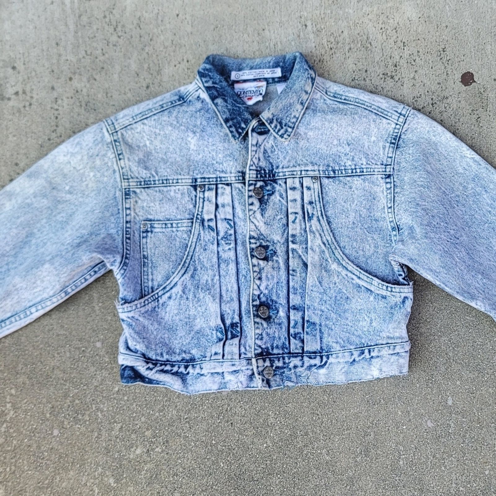 Vtg Code Bleu Acid Washed Cropped Distressed Denim Jacket