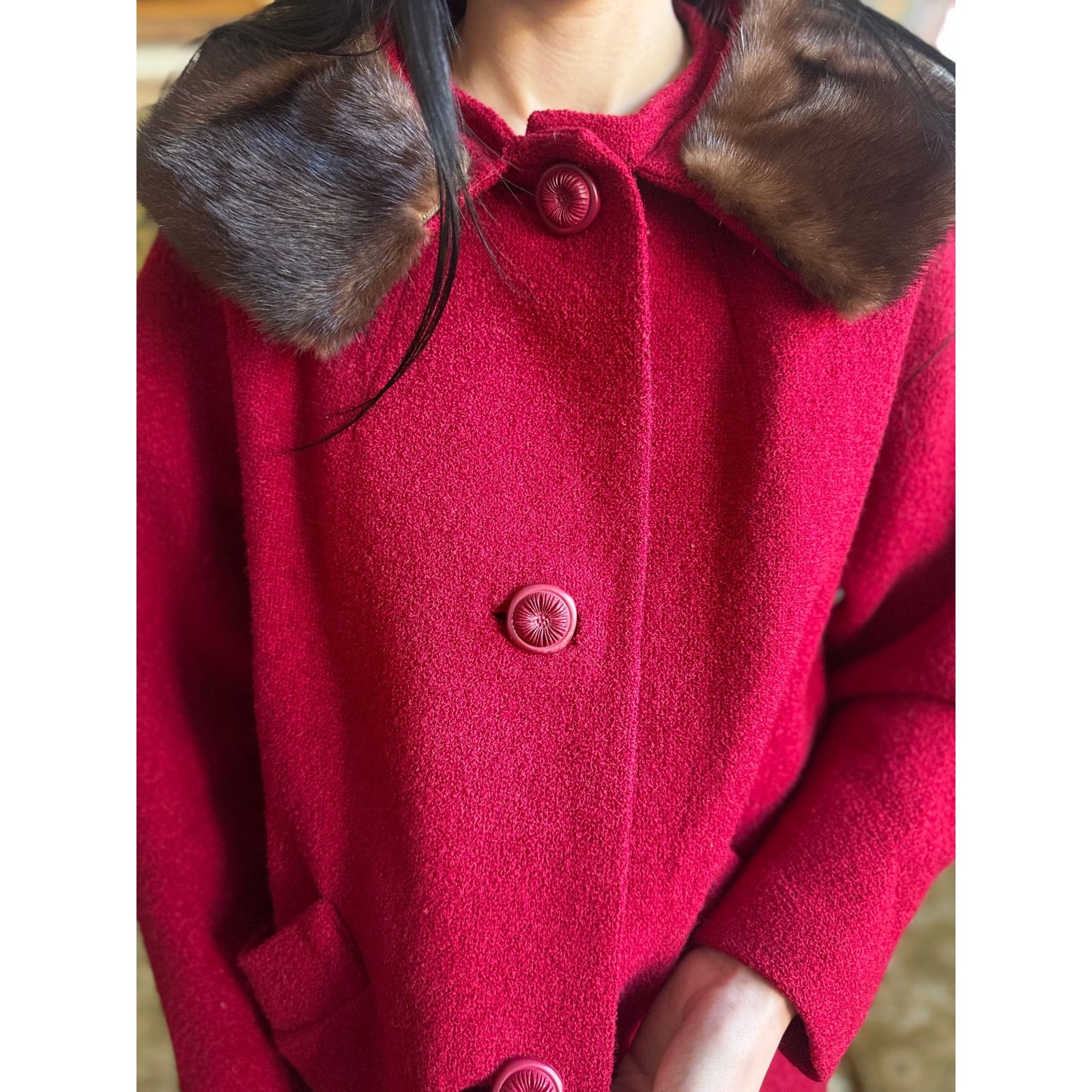 Vintage 50s Stevens Hockanum Topaz Red Genuine Fur Collar Coat Large Size L / US 10 / IT 46 - 16 Thumbnail