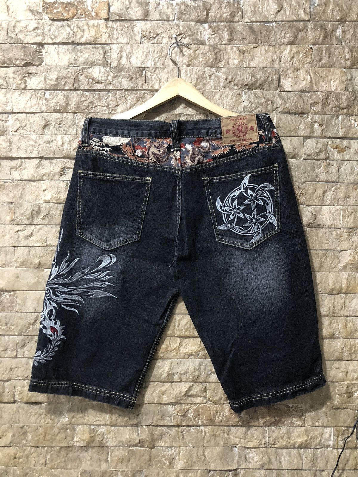 Sukajan Phoenix and Dragon Embroidered Denim Shorts