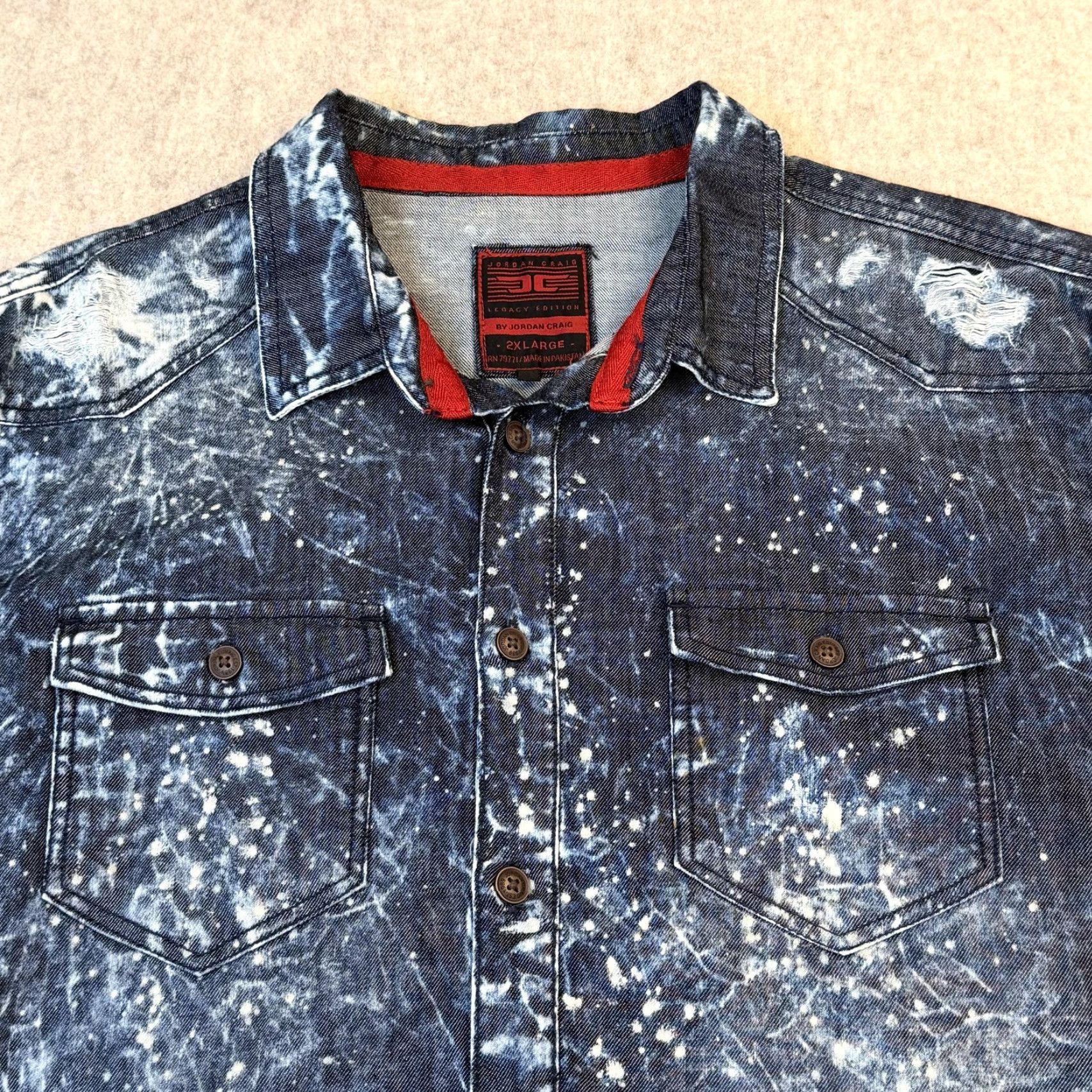 Jordan Craig VINTAGE Jordan Craig Denim Shirt Mens 2XL Blue Legacy Acid Wash Distressed Splatter Size US XXL / EU 58 / 5 - 2 Thumbnail