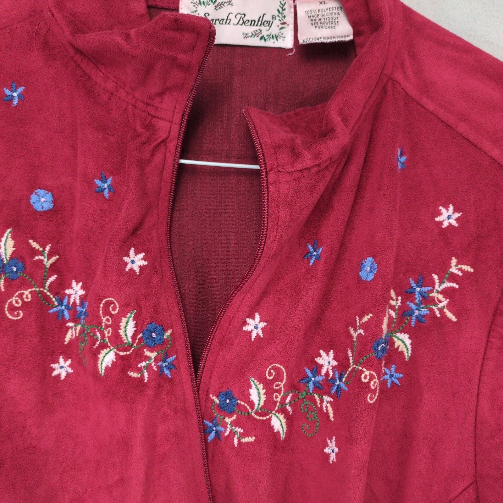 Vintage 90s Sarah Bentley XL Red Microfiber Floral Full Zip Jacket Size XL / US 12-14 / IT 48-50 - 5 Thumbnail