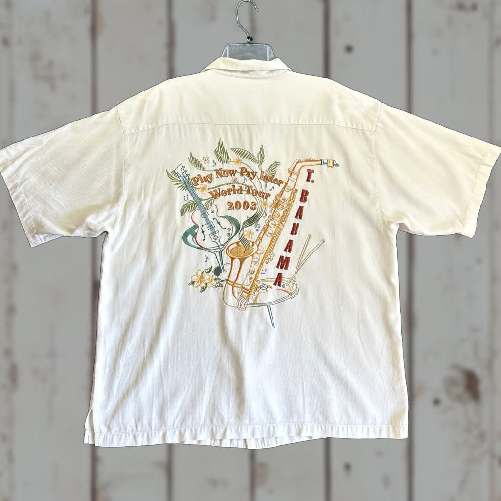 Tommy Bahama VINTAGE Tommy Bahama Silk Blend Shirt Camp XL Ivory Men XL Button-Up Collared Short Sleeve Travel Casual Graphic Print Tropical Hawaiian Music Size US XL / EU 56 / 4 - 1 Thumbnail