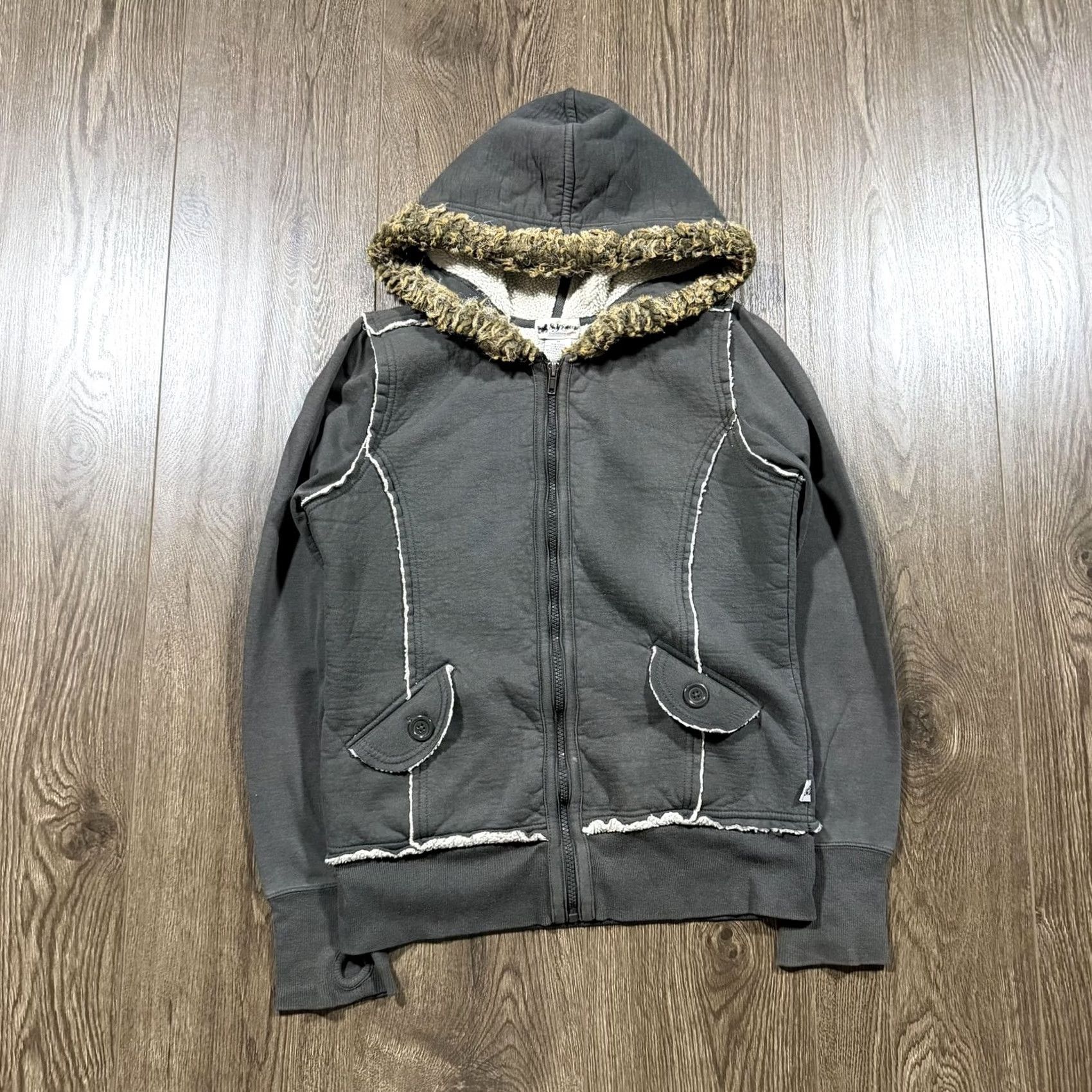 Vintage Self Esteem Jacket Juniors Medium Gray Y2K Hooded Fleece Hoodie Fur Trim Sherpa Size M / US 6-8 / IT 42-44 - 3 Thumbnail