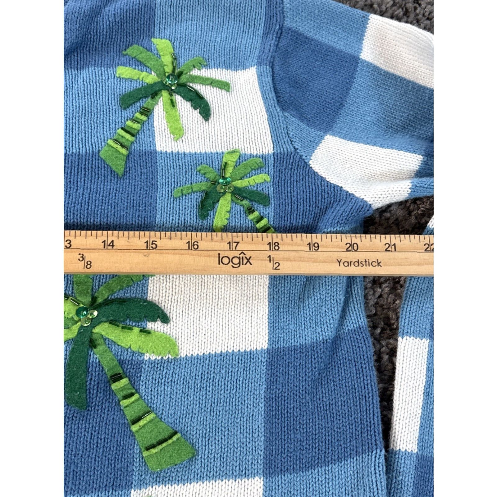 Talbots VINTAGE Talbots Cardigan Sweater Women M Blue White Checks Applique Palm Trees Knit Slit Sleeve Round Neck Size M / US 6-8 / IT 42-44 - 3 Thumbnail
