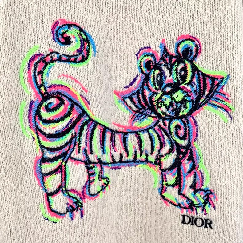Dior Dior Beige tiger graffiti embroidered wool round neck short Size US XL / EU 56 / 4 - 4 Thumbnail