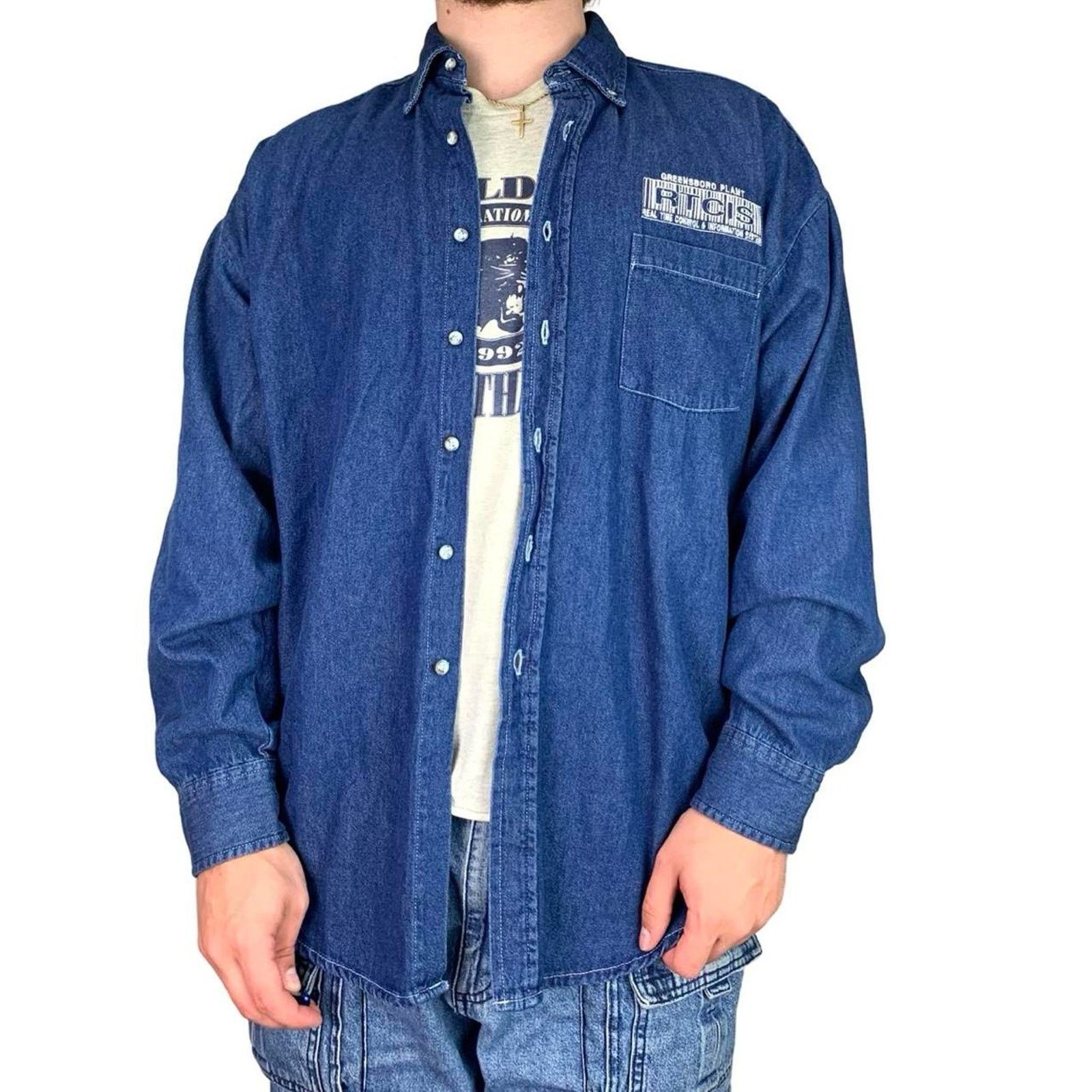 Vintage Vintage 90s Embroidered Blue Denim Button Up Shirt Size XL Size US XL / EU 56 / 4 - 1 Thumbnail