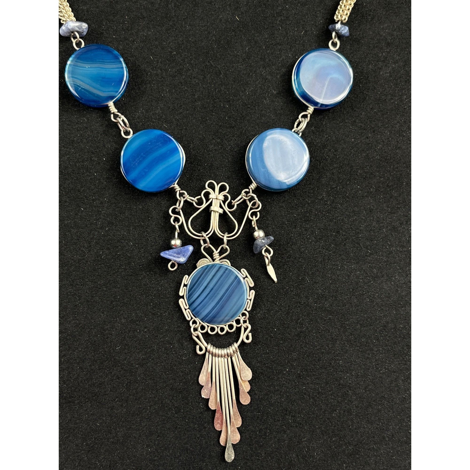 Vintage Vintage SKU 026 Silver Tone Blue Agate Pendant Necklace Size ONE SIZE - 4 Thumbnail