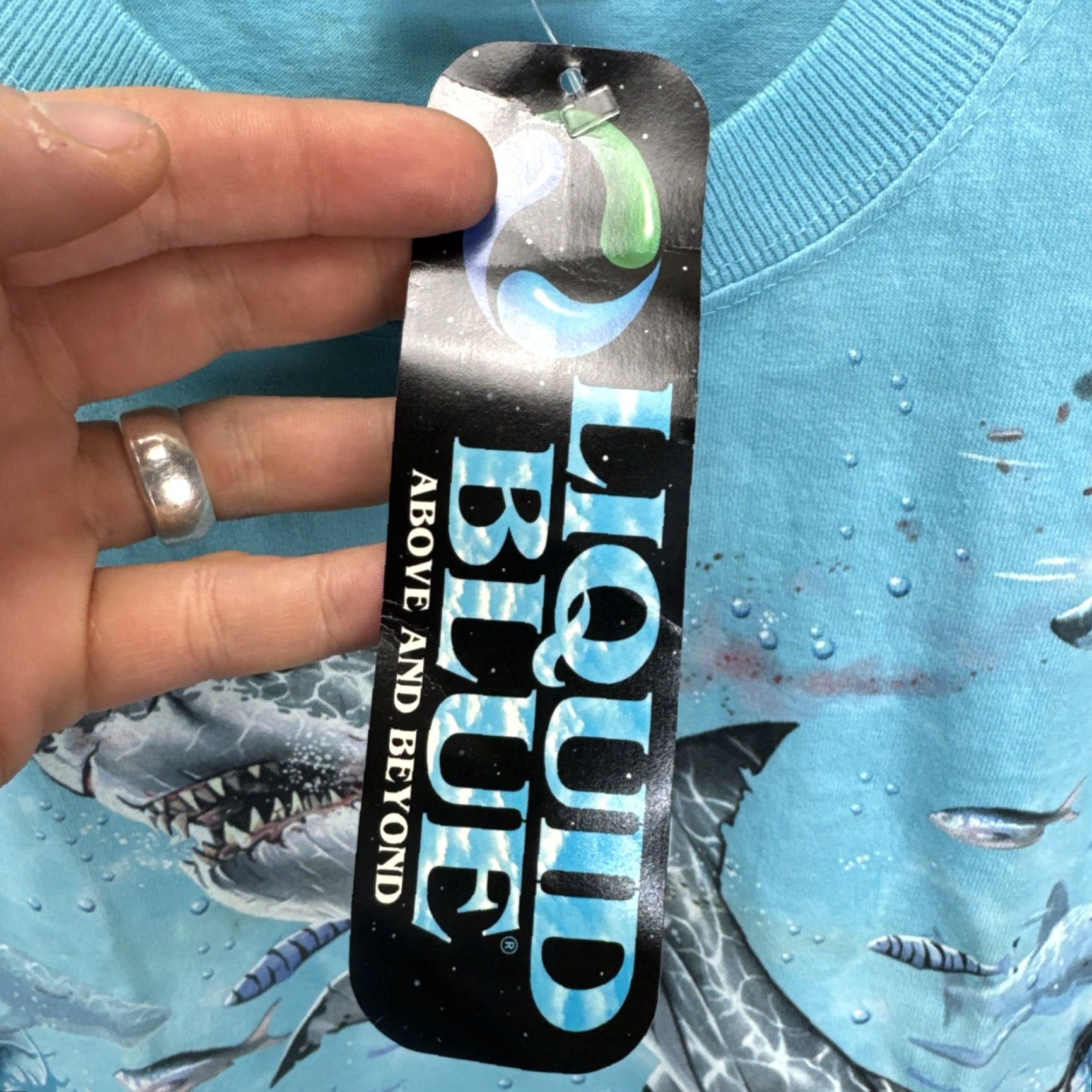 Liquid Blue VINTAGE Liquid Blue Great White Jaws SHARK BITE Ocean T-SHIRT Tie Dye XL Unisex 1990s Graphic Tee Blue/Nautical Mens Womens Size US XL / EU 56 / 4 - 4 Thumbnail