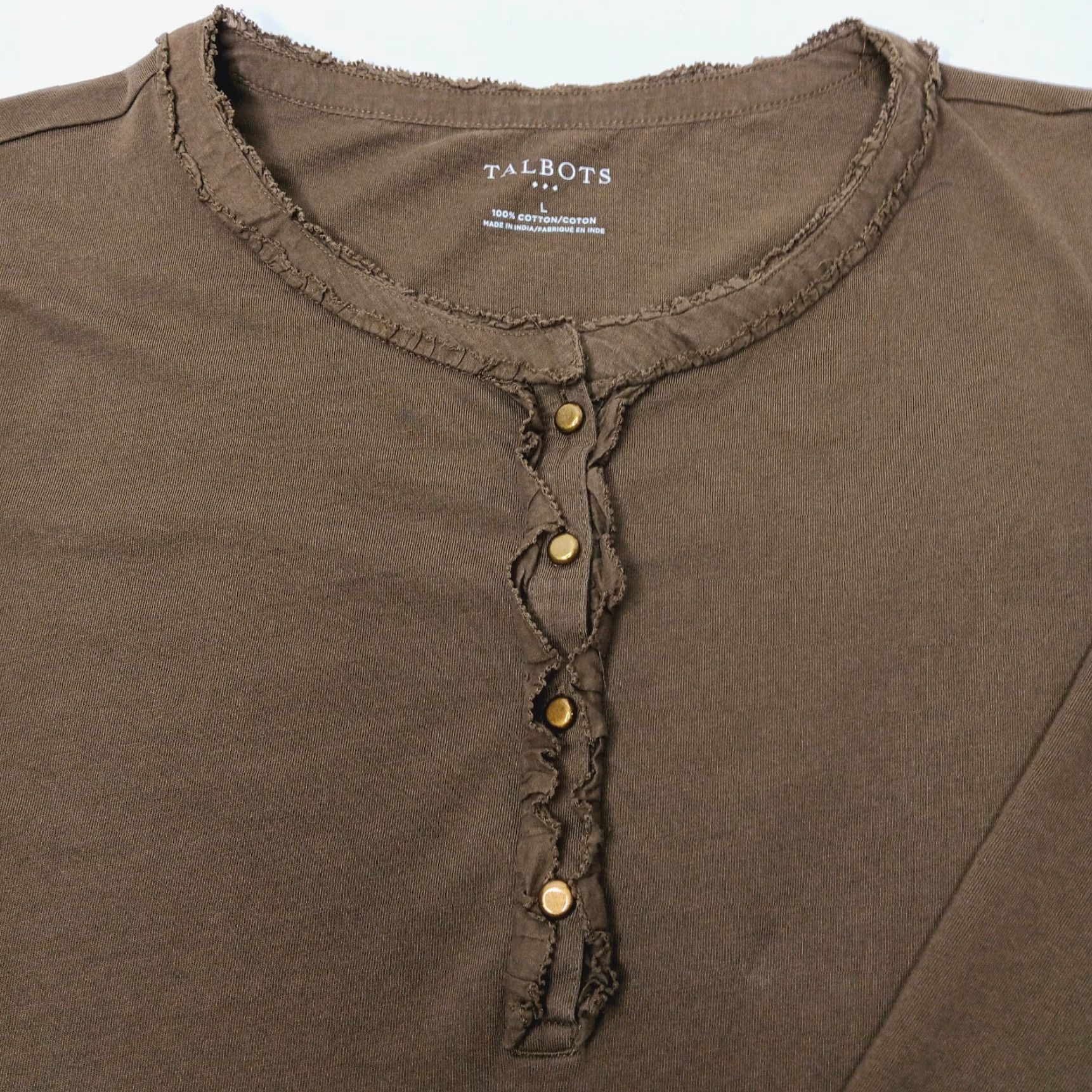 Talbots Talbots Henley Shirt Women L Army Green Gold Button Ruffle Trim 3/4 Sleeve Knit Cotton Basics Fall Winter Size L / US 10 / IT 46 - 5 Thumbnail