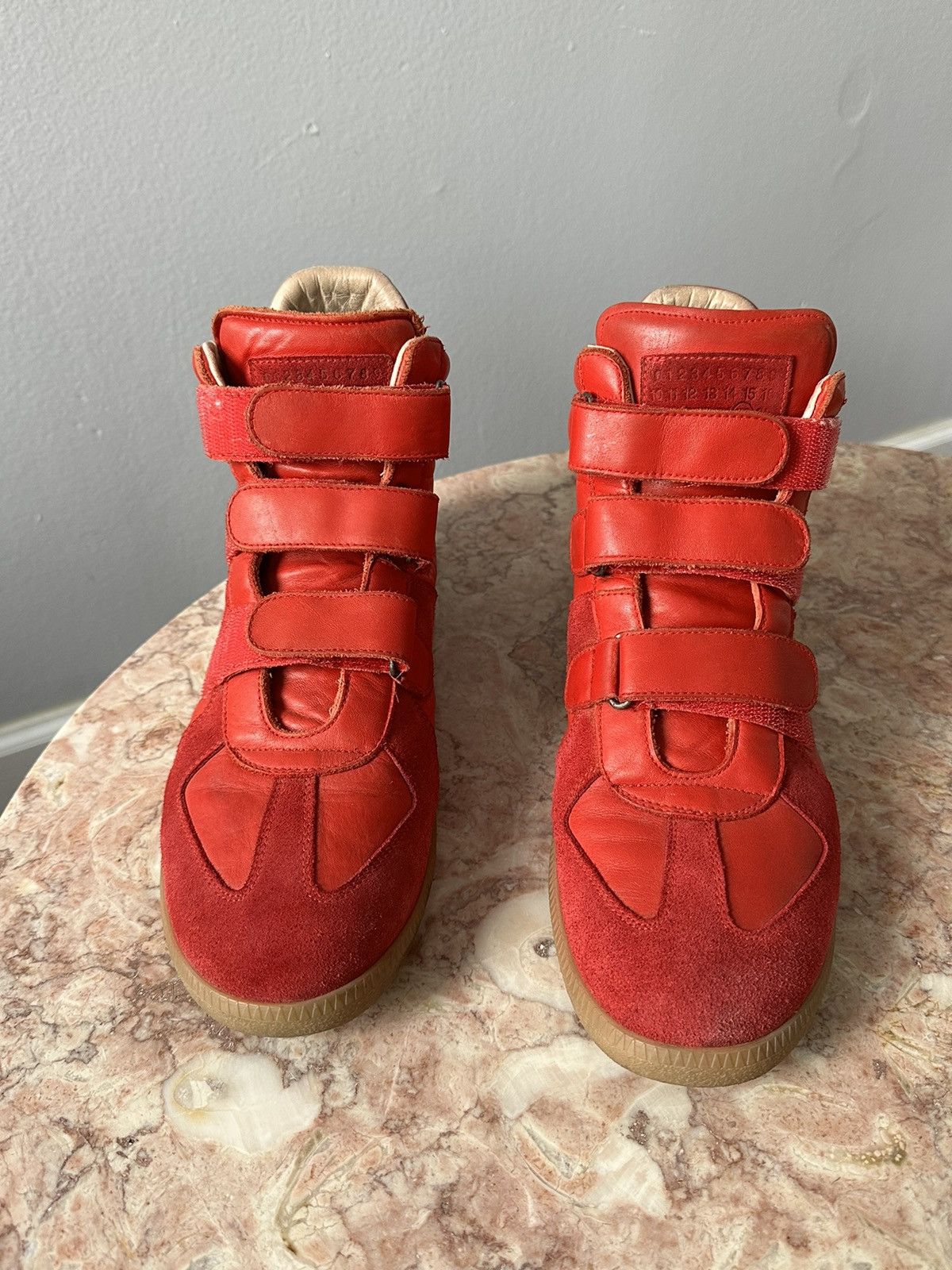 Maison Margiela Maison Margiela High top Red Leather Velcro GAT Sneakers 44 Grailed