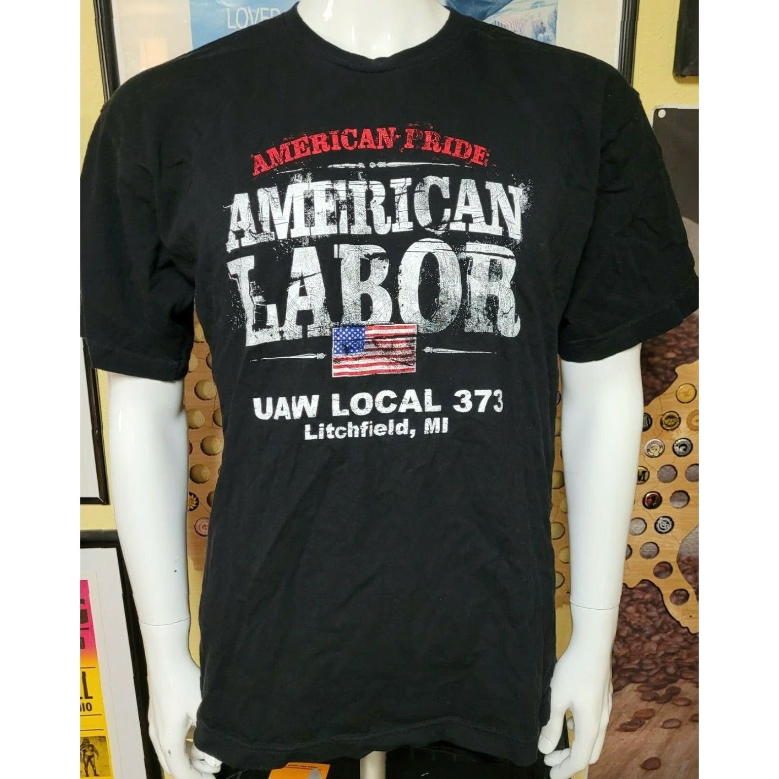 Vintage UAW Local 373 Litchfield MI T Shirt Large Bayside Cotton Black Crew Neck Short Sleeve Union Graphic Tee Men Size US L / EU 52-54 / 3 - 2 Thumbnail