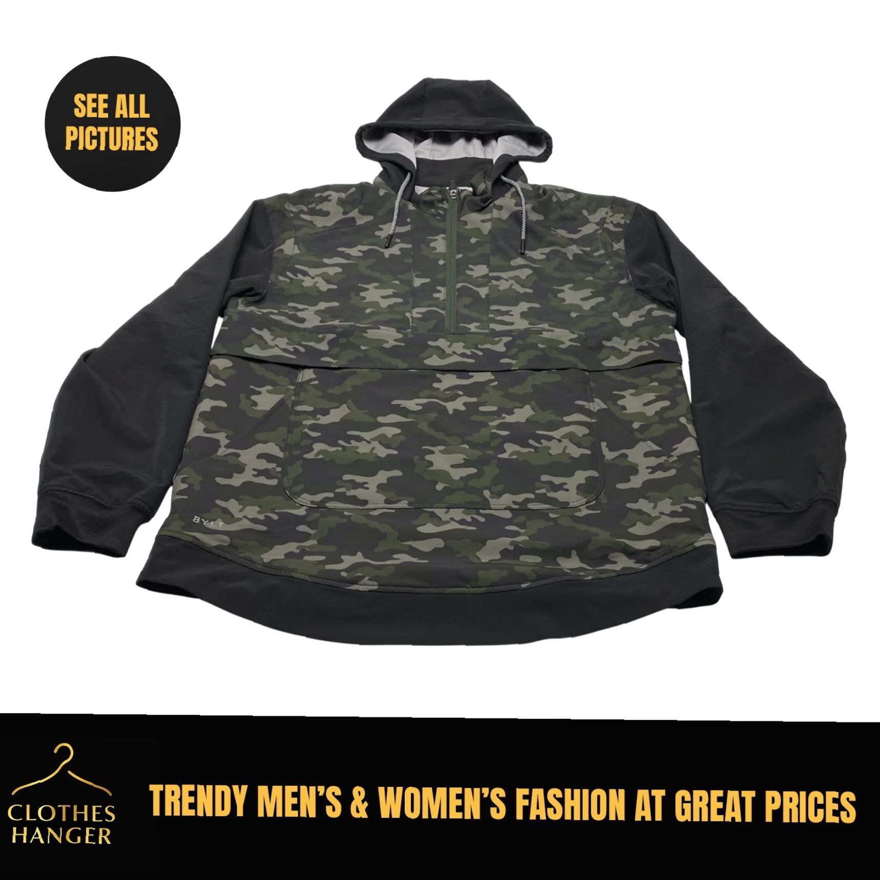 Vintage BYLT Hoodie Men's Large Elevate Drop Cut 1/4 Zip Black Camouflage Camo Pullover Size US L / EU 52-54 / 3 - 2 Thumbnail