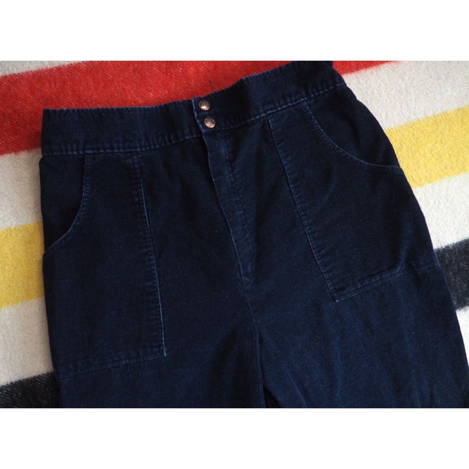 Sears VINTAGE Sears Navy Blue Corduroy Hippy Pants 70s Talon Wide Leg Womens 32x28 Inseam 28 Blue Decade 1970s Look Hippy Casual Size 24" / US 00 / IT 34 - 3 Thumbnail