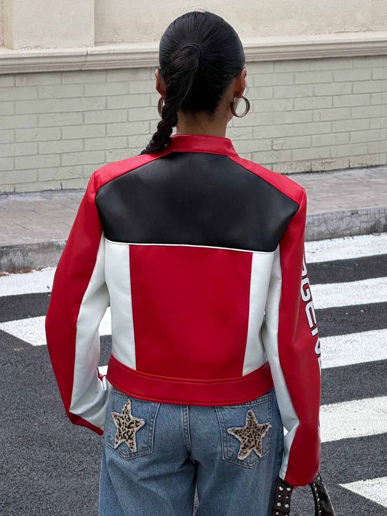 Other Women’s Red Cropped Racing Jacket | Black White Moto Style Size L / US 10 / IT 46 - 2 Thumbnail
