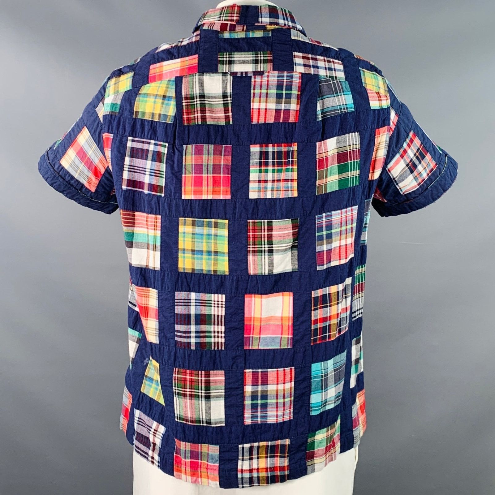 Monitaly Navy Multi Color Madras Cotton Two Pockets Short Sleeve Size US L / EU 52-54 / 3 - 4 Thumbnail