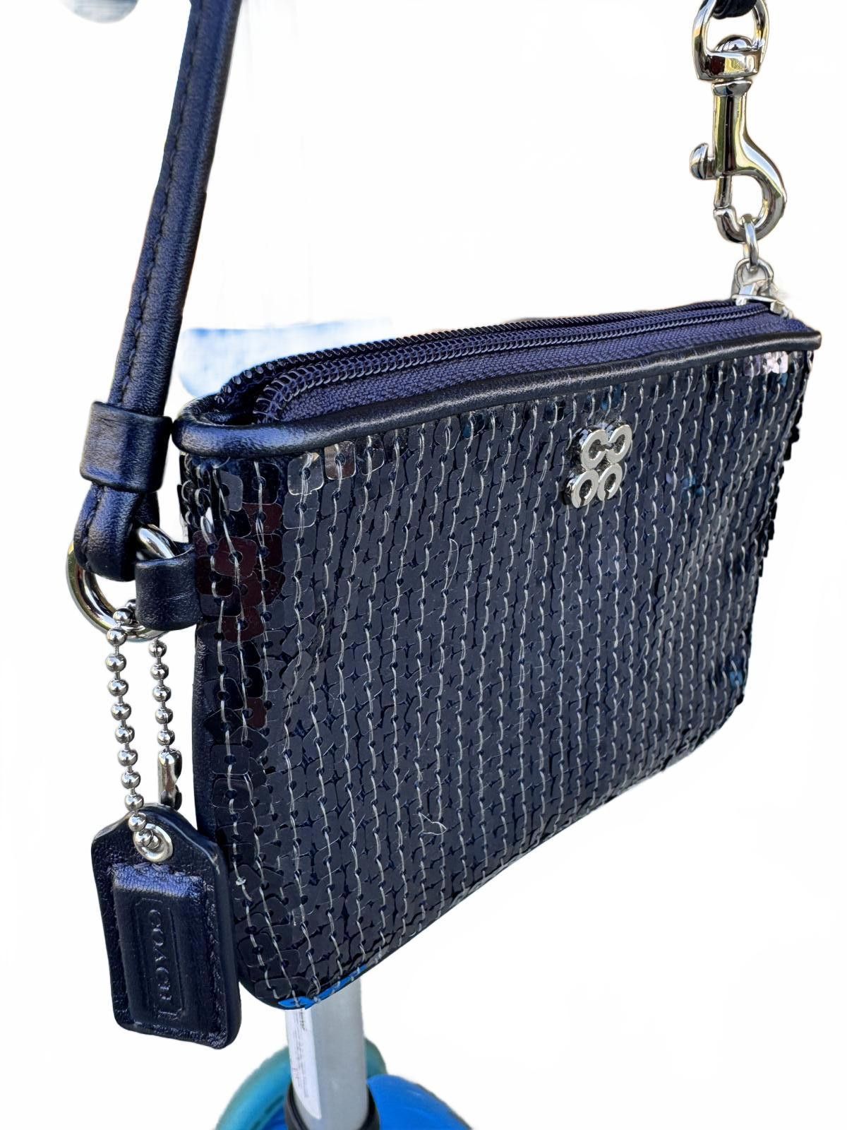 Coach Coach Navy Blue Sequin Wristlet Puoch with silver logo Size ONE SIZE - 1 Thumbnail