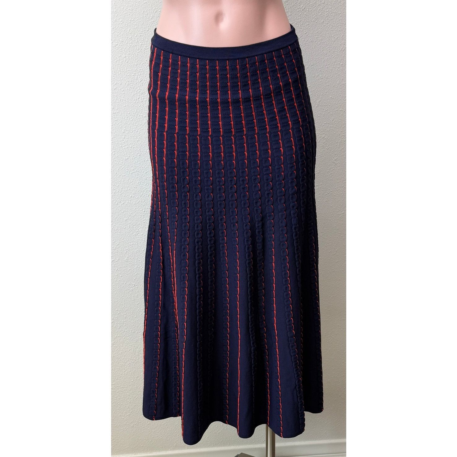 Zara Zara Women Navy Red Striped Knit Midi Skirt US S Size 24" / US 00 / IT 34 - 1 Thumbnail