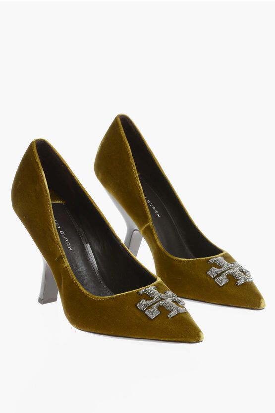 image of Tory Burch Velvet Eleanor Pave Pumps With Rhinestone Logo 10Cm Shoes in Green, Women's (Size 7)