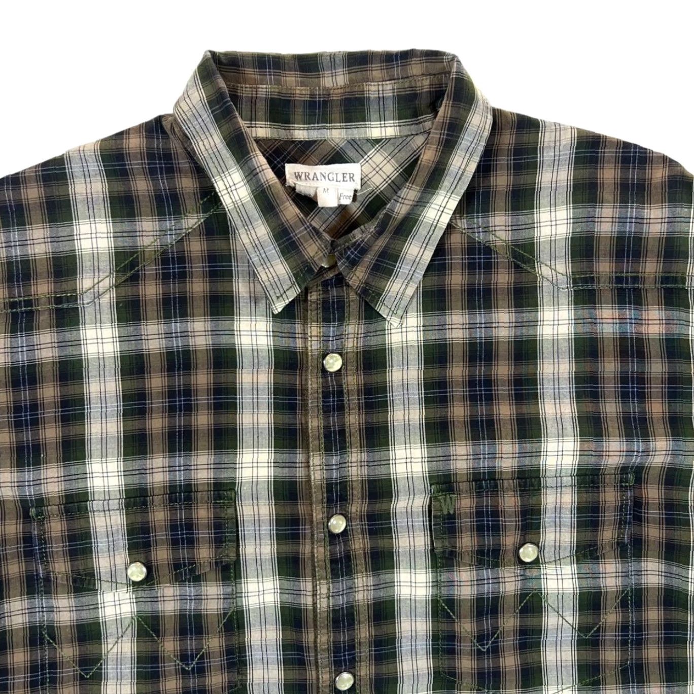 Wrangler WRANGLER Shirt Plaid Check Pearl Snap Western Long Sleeve Medium Mens Green/Brown/White/ Navy Check 00's Embroidered Chest Pocket Size US M / EU 48-50 / 2 - 2 Thumbnail