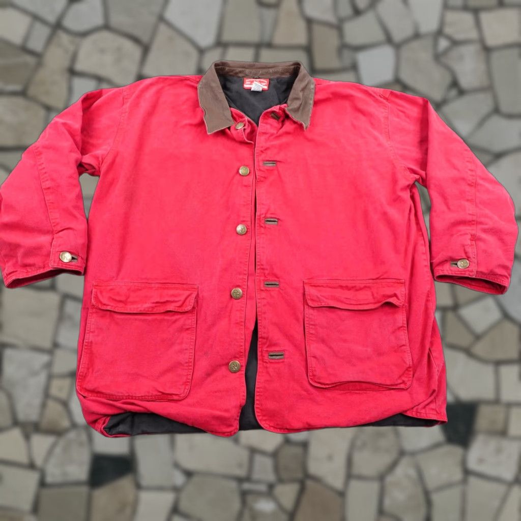 VINTAGE Marlboro Country Store Jacket Mens XL Chore Barn Coat Leather Collar 90s Red Canvas Fall Winter Casual Mens