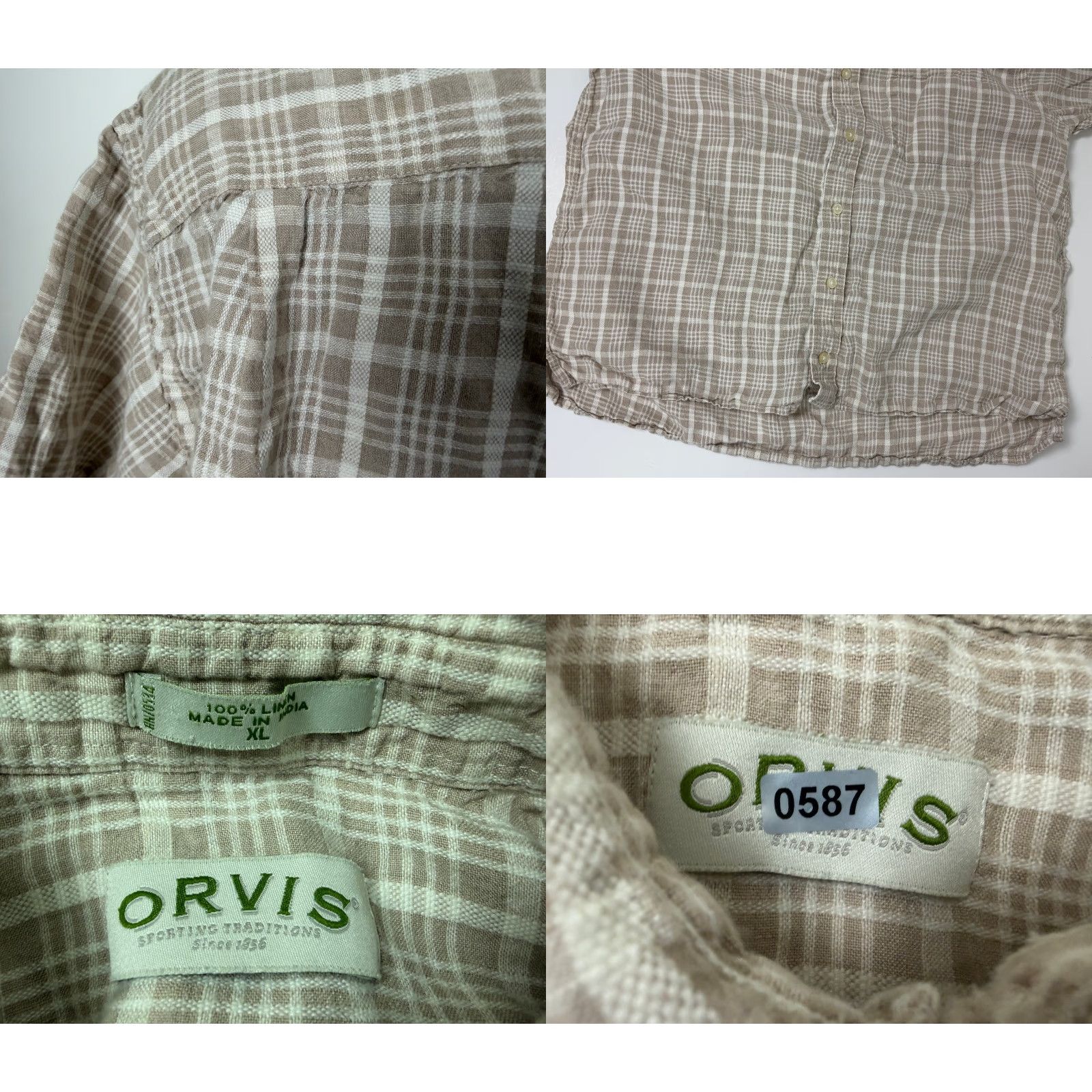Orvis VINTAGE Orvis Linen Shirt Men XL Button-Up Travel Casual Beige White Plaid Shirt Short Sleeve Pockets Size US XL / EU 56 / 4 - 9 Thumbnail